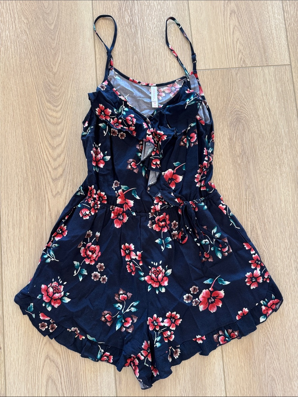 Xhilaration Navy Floral Romper with Pink Red Flowers